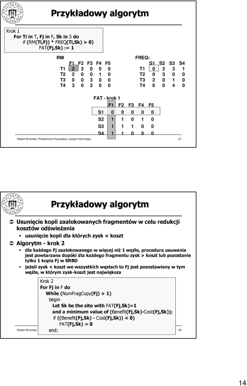 procedura usuwania jest powtarzana dopóki dla kaŝdego fragmentu zysk > koszt lub pozostanie tylko kopia Fj w SRBD jeŝeli zysk < koszt we wszystkich węzłach to Fj jest pozostawiany w tym węźle, w
