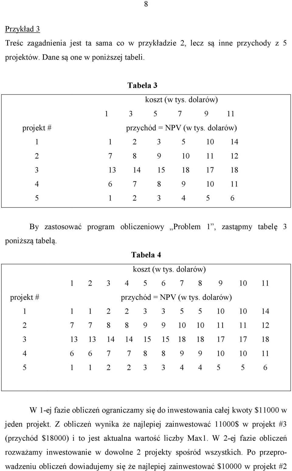 dolarów) 5 5 0 0 4 7 7 8 8 9 9 0 0 4 4 5 5 8 8 7 7 8 4 6 6 7 7 8 8 9 9 0 0 5 4 4 5 5 6 W -ej fazie obliczeń ograniczamy się do inwesowania całej kwoy $000 w jeden projek.