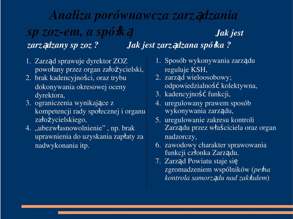 brak uprawnienia do uzyskania zapłaty za nadwykonania itp. 1. Sposób wykonywania zarządu reguluje KSH, 2. zarząd wieloosobowy; odpowiedzialność kolektywna, 3. kadencyjność funkcji, 4.