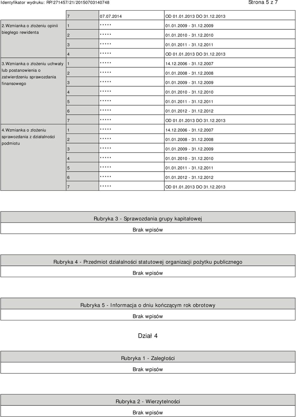 01.2010-31.12.2010 5 ***** 01.01.2011-31.12.2011 6 ***** 01.01.2012-31.12.2012 7 ***** OD 01.01.2013 DO 31.12.2013 4.Wzmianka o złożeniu sprawozdania z działalności podmiotu 1 ***** 14.12.2006-31.12.2007 2 ***** 01.