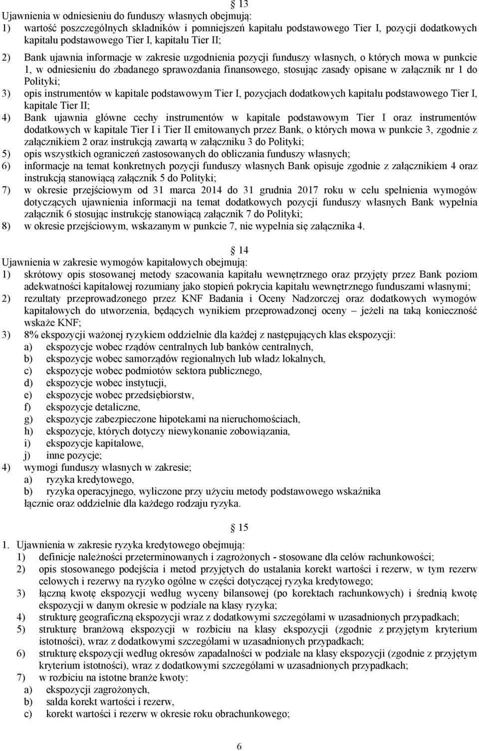 załącznik nr 1 do Polityki; 3) opis instrumentów w kapitale podstawowym Tier I, pozycjach dodatkowych kapitału podstawowego Tier I, kapitale Tier II; 4) Bank ujawnia główne cechy instrumentów w