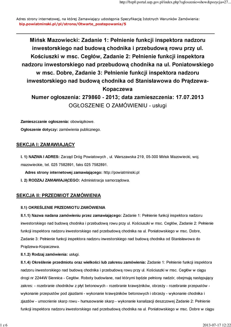 Cegłów, Zadanie 2: Pełnienie funkcji inspektora nadzoru inwestorskiego nad przebudową chodnika na ul. Poniatowskiego w msc.