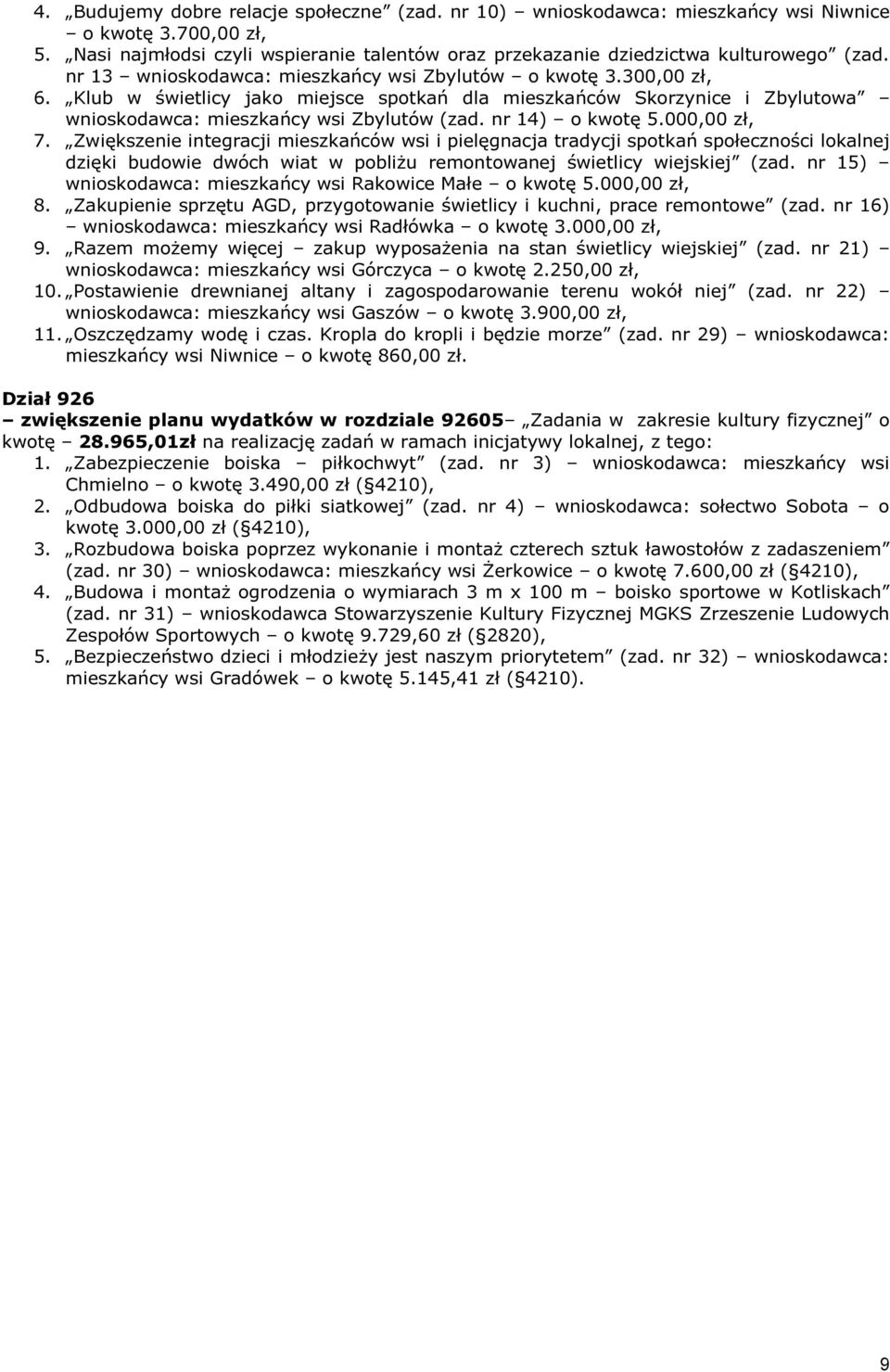 nr 14) o kwotę 5.000,00 zł, 7. Zwiększenie integracji mieszkańców wsi i pielęgnacja tradycji spotkań społeczności lokalnej dzięki budowie dwóch wiat w pobliżu remontowanej świetlicy wiejskiej (zad.