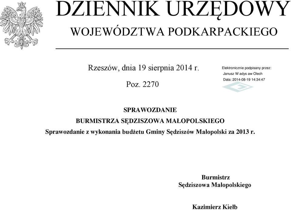 2270 SPRAWOZDANIE BURMISTRZA SĘDZISZOWA MAŁOPOLSKIEGO