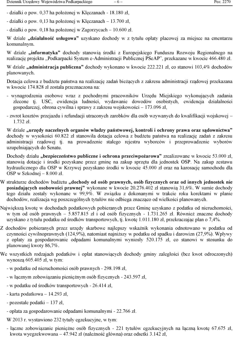 W dziale informatyka dochody stanowią środki z Europejskiego Funduszu Rozwoju Regionalnego na realizację projektu Podkarpacki System e-administracji Publicznej PSeAP, przekazane w kwocie 466.480 zł.