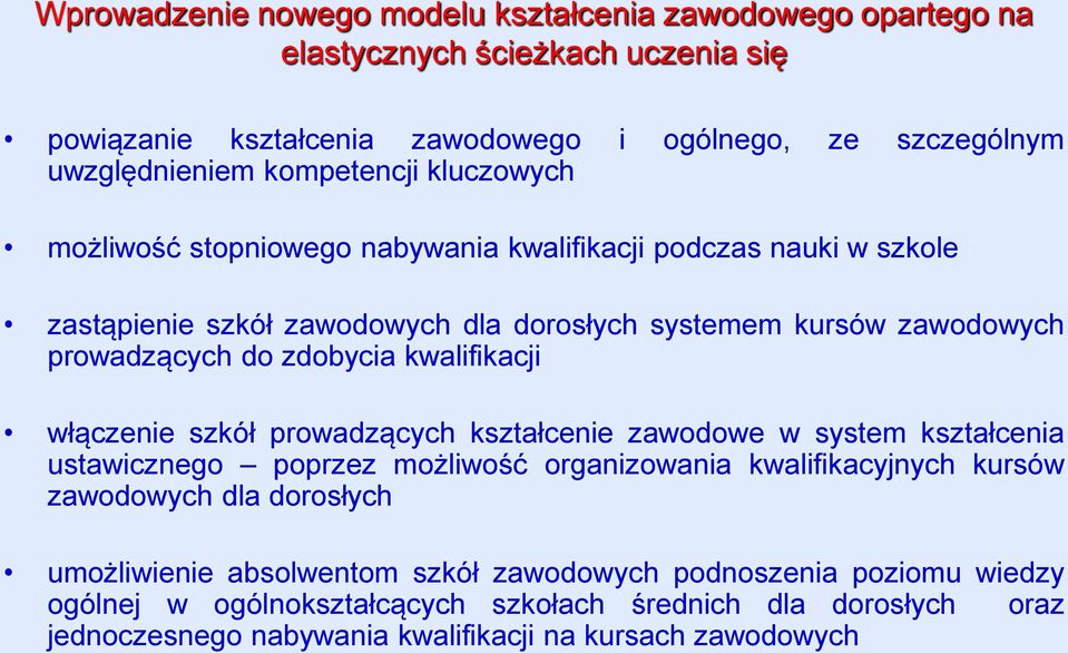 zdobycia kwalifikacji włączenie szkół prowadzących kształcenie zawodowe w system kształcenia ustawicznego poprzez możliwość organizowania kwalifikacyjnych kursów zawodowych dla