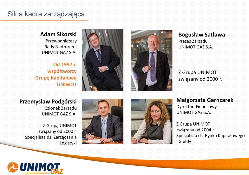 Specjalista ds. Zarządzania i Logistyki Bogusław Satława Prezes Zarządu UNIMOT GAZ S.A. Z Grupą UNIMOT związany od 2000 r.