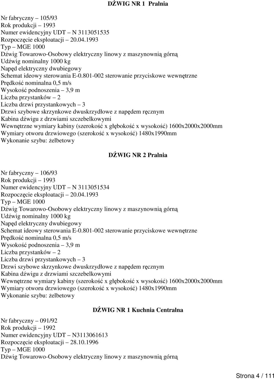 106/93 Rok produkcji 1993 Numer ewidencyjny UDT N 3113051534 Rozpoczęcie eksploatacji 20.04.