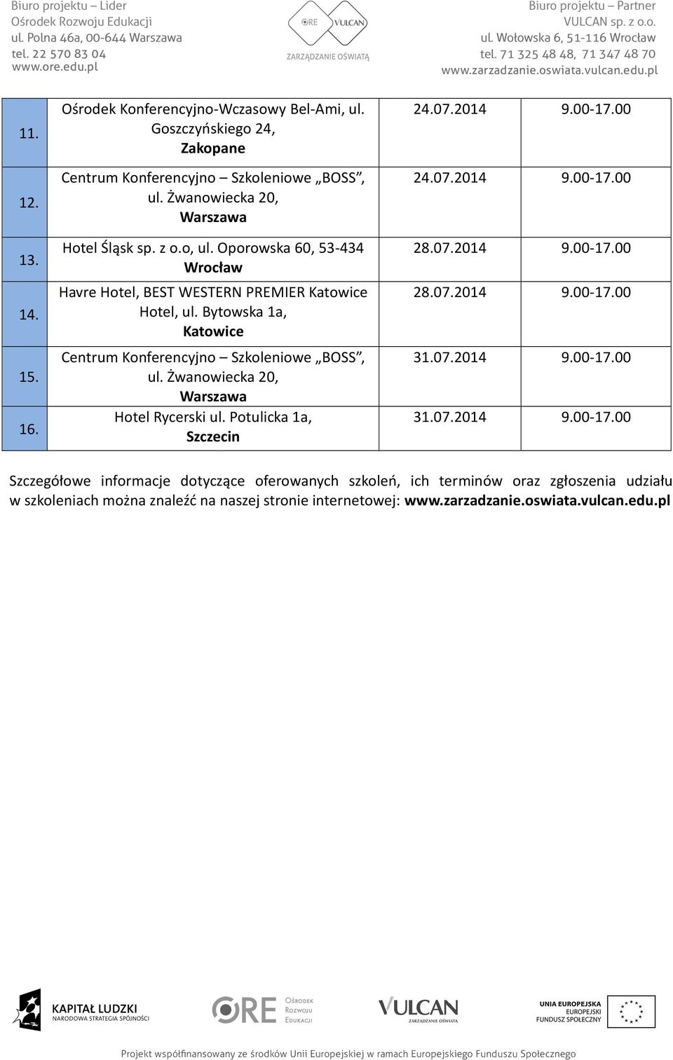 Centrum Konferencyjno Szkoleniowe BOSS, ul. Żwanowiecka 20, Warszawa Hotel Rycerski ul. Potulicka 1a, Szczecin 31.07.