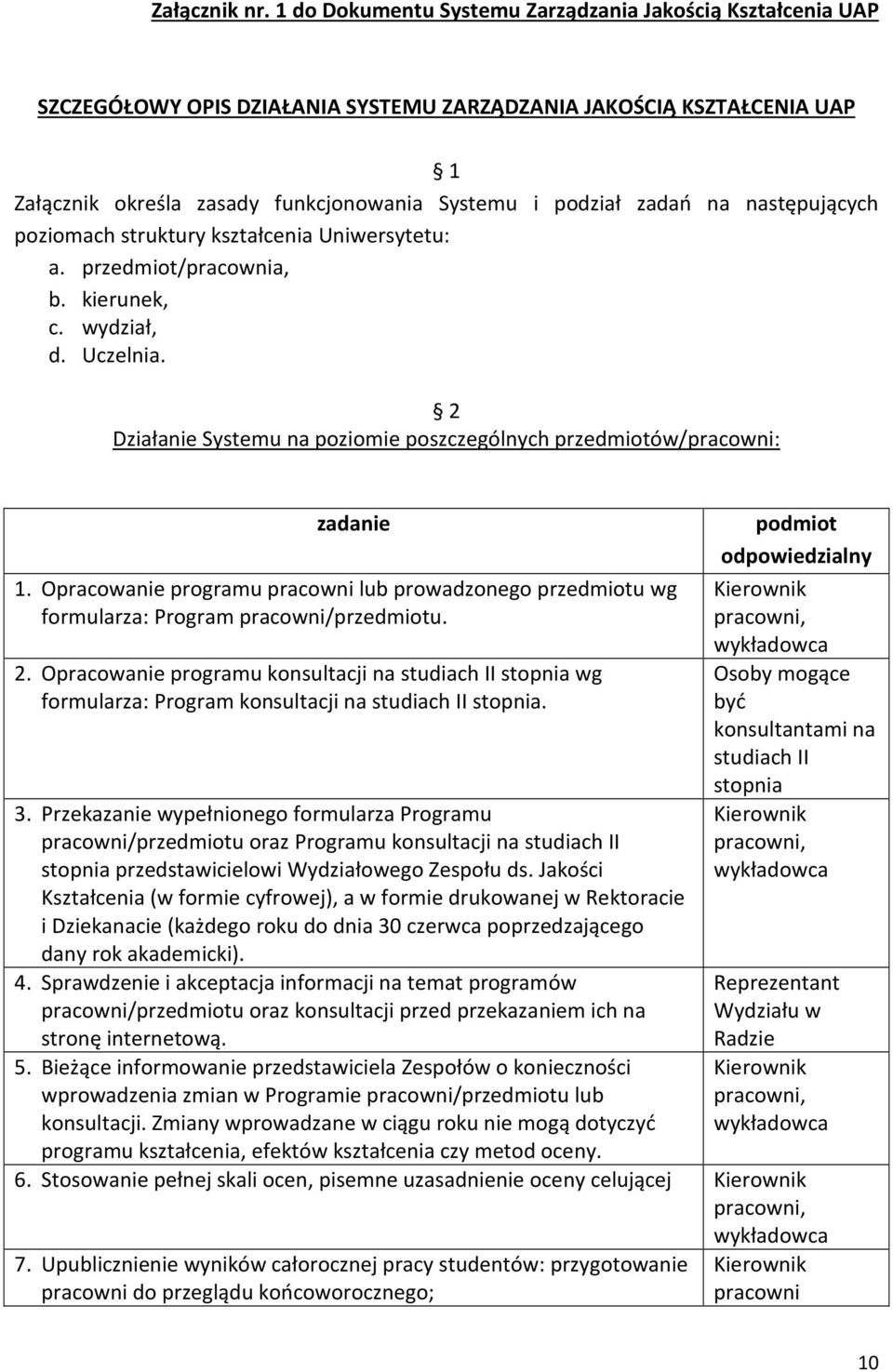 na następujących poziomach struktury kształcenia Uniwersytetu: a. przedmiot/pracownia, b. kierunek, c. wydział, d. Uczelnia.