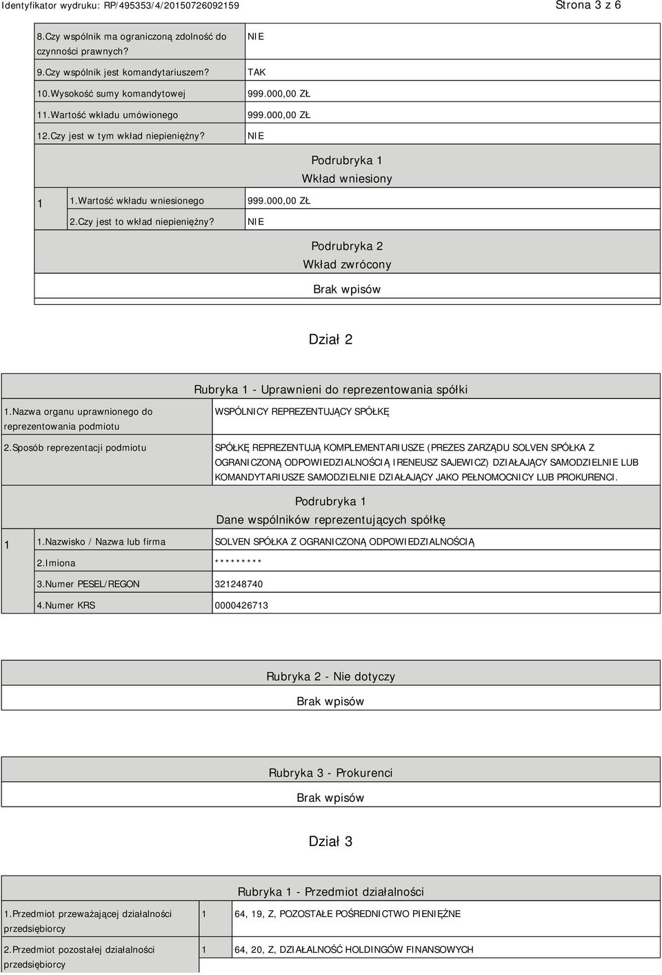 Podrubryka 2 Wkład zwrócony Dział 2 Rubryka 1 - Uprawnieni do reprezentowania spółki 1.Nazwa organu uprawnionego do reprezentowania podmiotu 2.