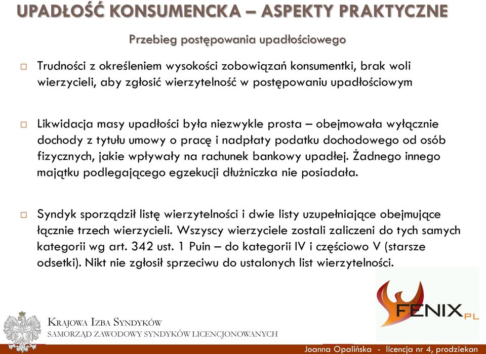 Żadnego innego majątku podlegającego egzekucji dłużniczka nie posiadała. Syndyk sporządził listę wierzytelności i dwie listy uzupełniające obejmujące łącznie trzech wierzycieli.