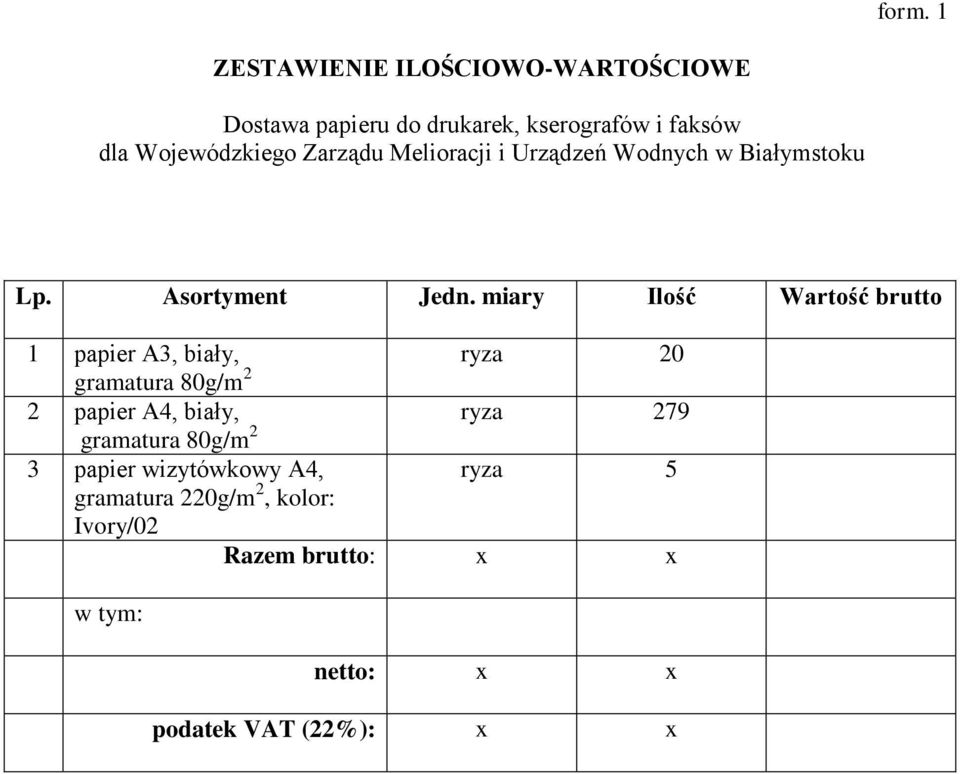 miary Ilość Wartość brutto ryza 20 ryza 279 1 papier A3, biały, gramatura 80g/m 2 2 papier A4, biały,