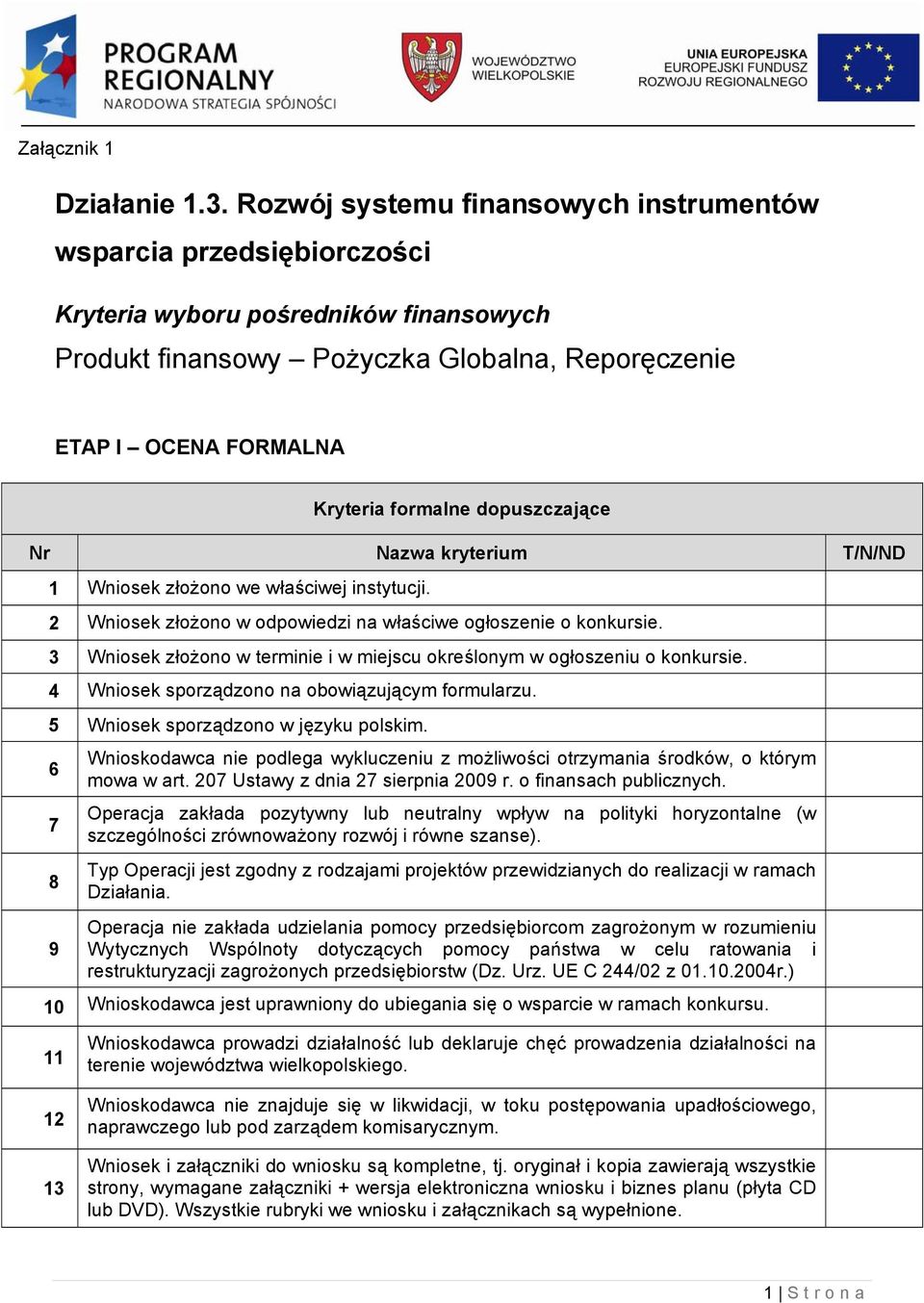 dopuszczające 1 Wniosek złożono we właściwej instytucji. 2 Wniosek złożono w odpowiedzi na właściwe ogłoszenie o konkursie.