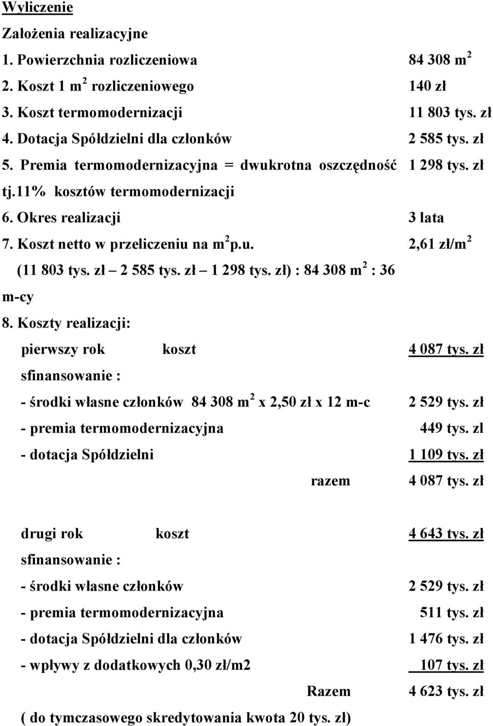Koszt netto w przeliczeniu na m 2 p.u. 2,61 zł/m 2 (11 803 tys. zł 2 585 tys. zł 1 298 tys. zł) : 84 308 m 2 : 36 m-cy 8. Koszty realizacji: pierwszy rok koszt 4 087 tys.