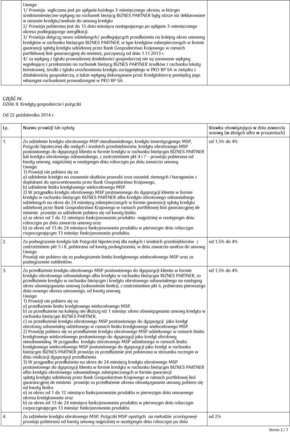 3/ Prowizja dotyczy nowo udzielonych/ podlegających przedłużeniu na kolejny okres umowny kredytów w rachunku bieżącym BIZNES PARTNER, w tym kredytów zabezpieczonych w formie gwarancji spłaty kredytu