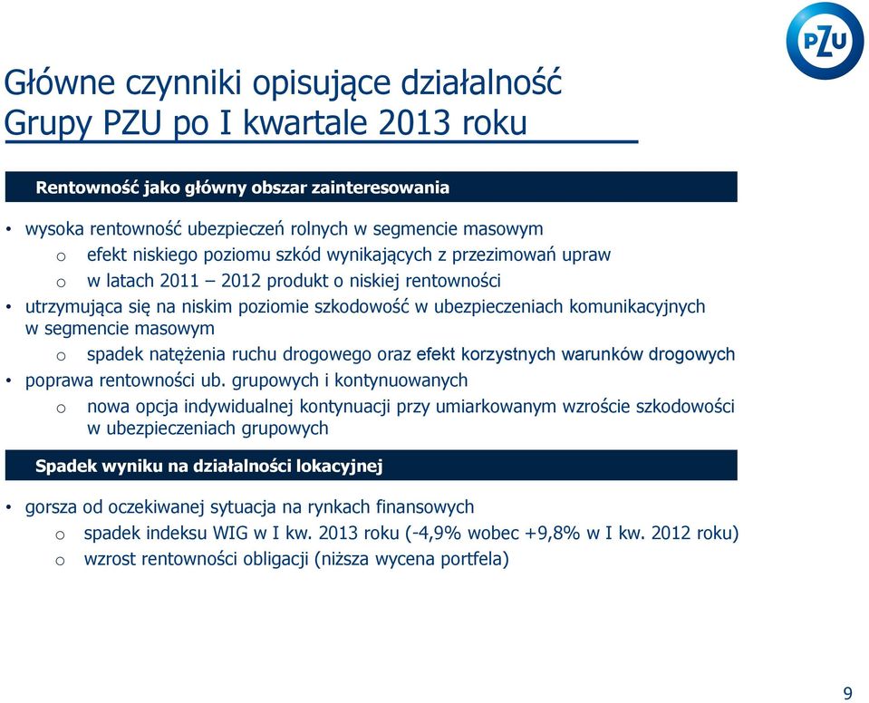 spadek natężenia ruchu drogowego oraz efekt korzystnych warunków drogowych poprawa rentowności ub.