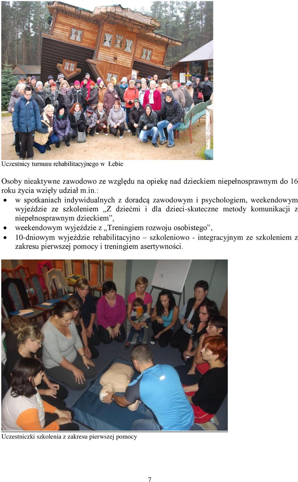 : w spotkaniach indywidualnych z doradcą zawodowym i psychologiem, weekendowym wyjeździe ze szkoleniem Z dziećmi i dla dzieci-skuteczne metody