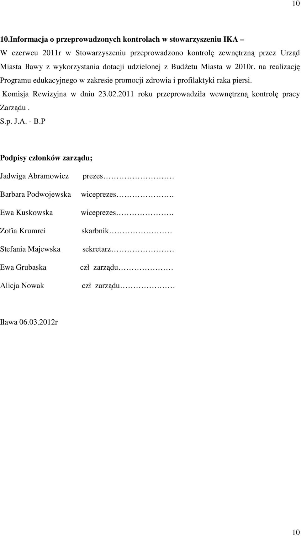 wykorzystania dotacji udzielonej z Budżetu Miasta w 2010r. na realizację Programu edukacyjnego w zakresie promocji zdrowia i profilaktyki raka piersi.