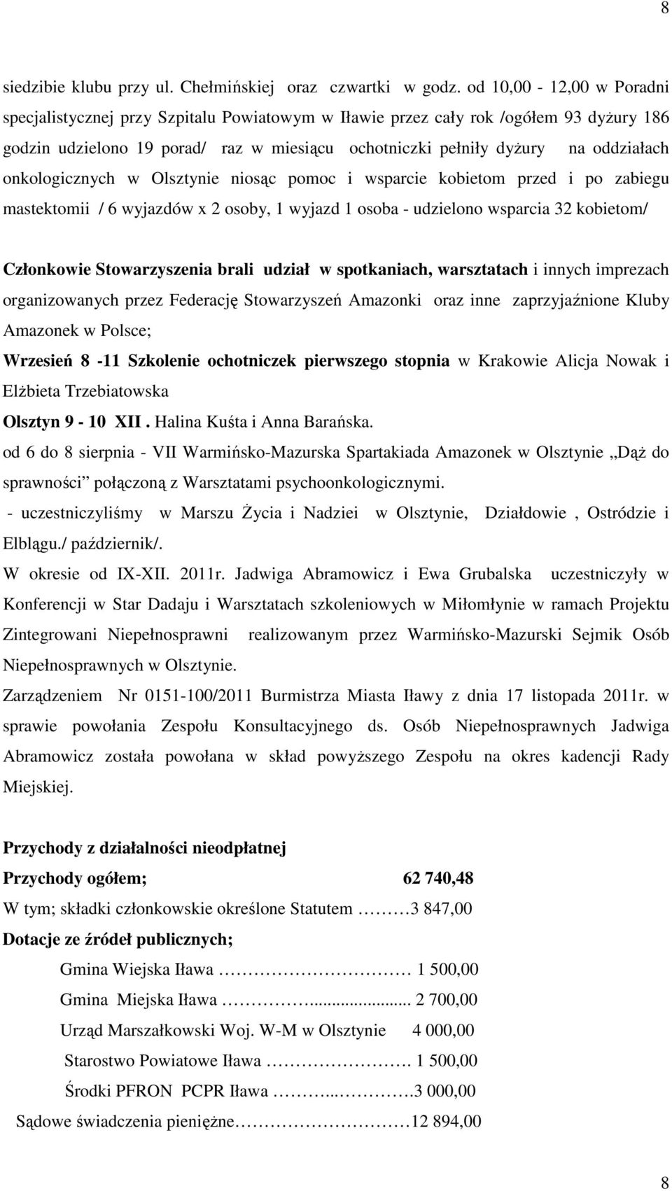 onkologicznych w Olsztynie niosąc pomoc i wsparcie kobietom przed i po zabiegu mastektomii / 6 wyjazdów x 2 osoby, 1 wyjazd 1 osoba - udzielono wsparcia 32 kobietom/ Członkowie Stowarzyszenia brali