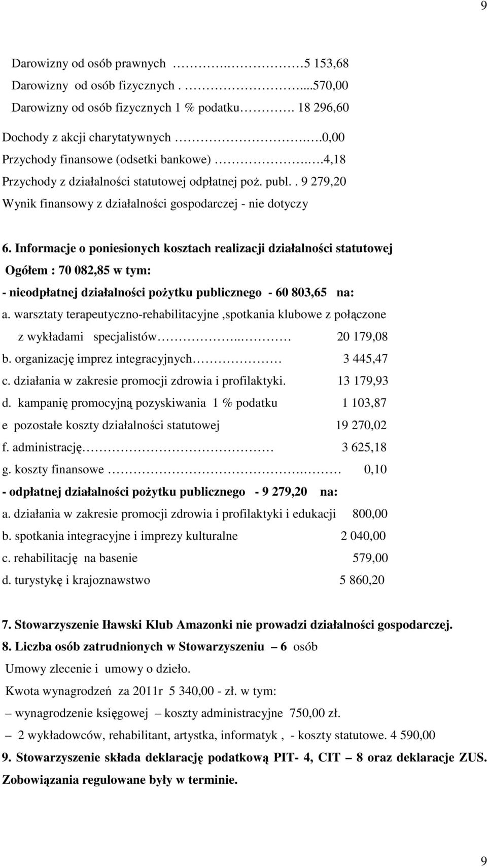 Informacje o poniesionych kosztach realizacji działalności statutowej Ogółem : 70 082,85 w tym: - nieodpłatnej działalności pożytku publicznego - 60 803,65 na: a.