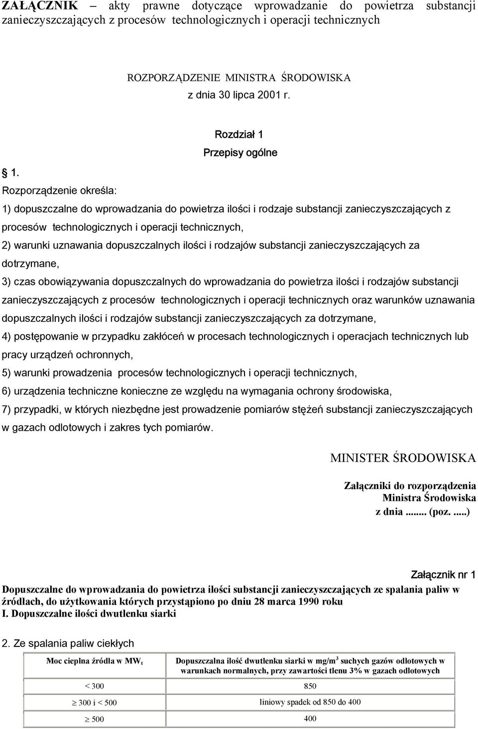 Rozporządzenie określa: 1) dopuszczalne do wprowadzania do powietrza ilości i rodzaje substancji zanieczyszczających z procesów technologicznych i operacji technicznych, 2) warunki uznawania