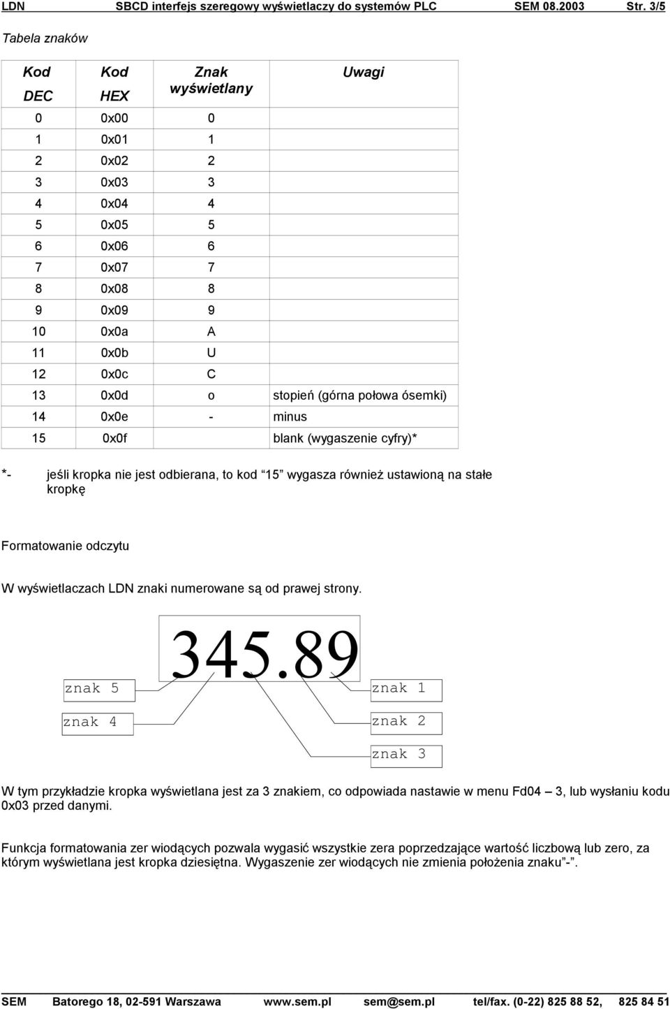 (górna połowa ósemki) 14 0x0e - minus 15 0x0f blank (wygaszenie cyfry)* *- jeśli kropka nie jest odbierana, to kod 15 wygasza również ustawioną na stałe kropkę Formatowanie odczytu W wyświetlaczach