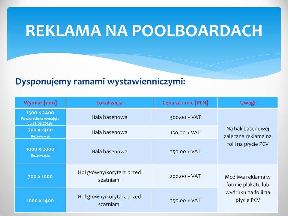 700 x 1400 Rezerwacja 1000 x 2000 Rezerwacja Hala basenowa Hala basenowa Hala basenowa 300,00 + VAT 150,00 + VAT 250,00 + VAT Na hali