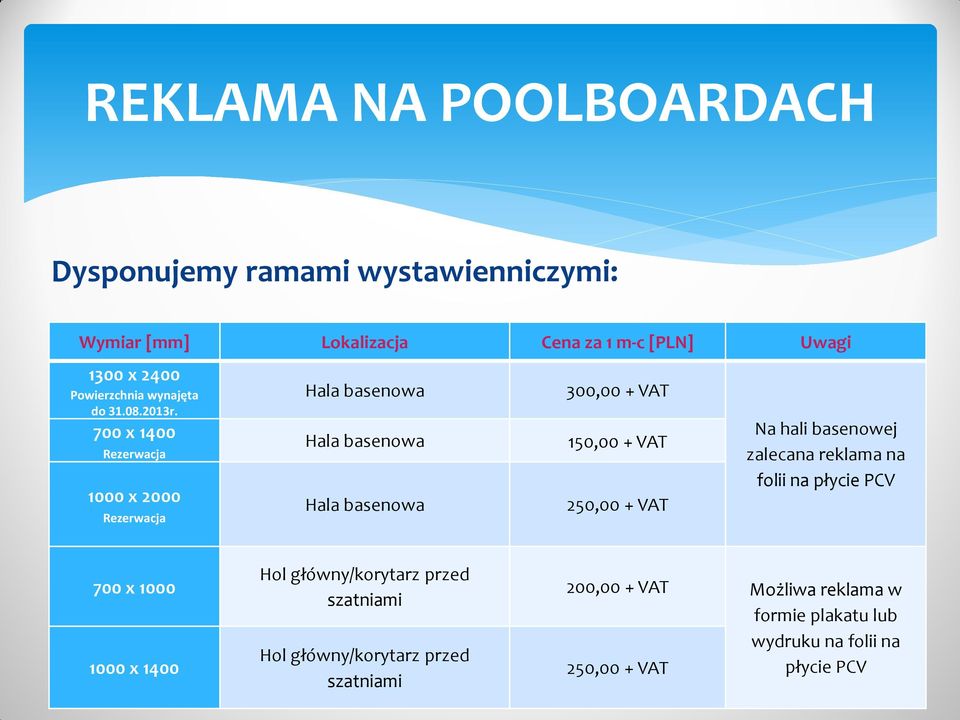 700 x 1400 Rezerwacja 1000 x 2000 Rezerwacja Hala basenowa Hala basenowa Hala basenowa 300,00 + VAT 150,00 + VAT 250,00 + VAT Na hali