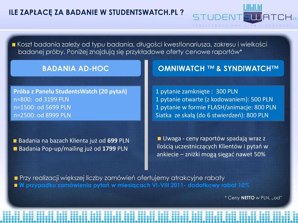 pytanie zamknięte : 300 PLN 1 pytanie otwarte (z kodowaniem): 500 PLN 1 pytanie w formie FLASH/animacje: 800 PLN Siatka ze skalą (do 6 stwierdzeo): 800 PLN Badania na bazach Klienta już od 699 PLN