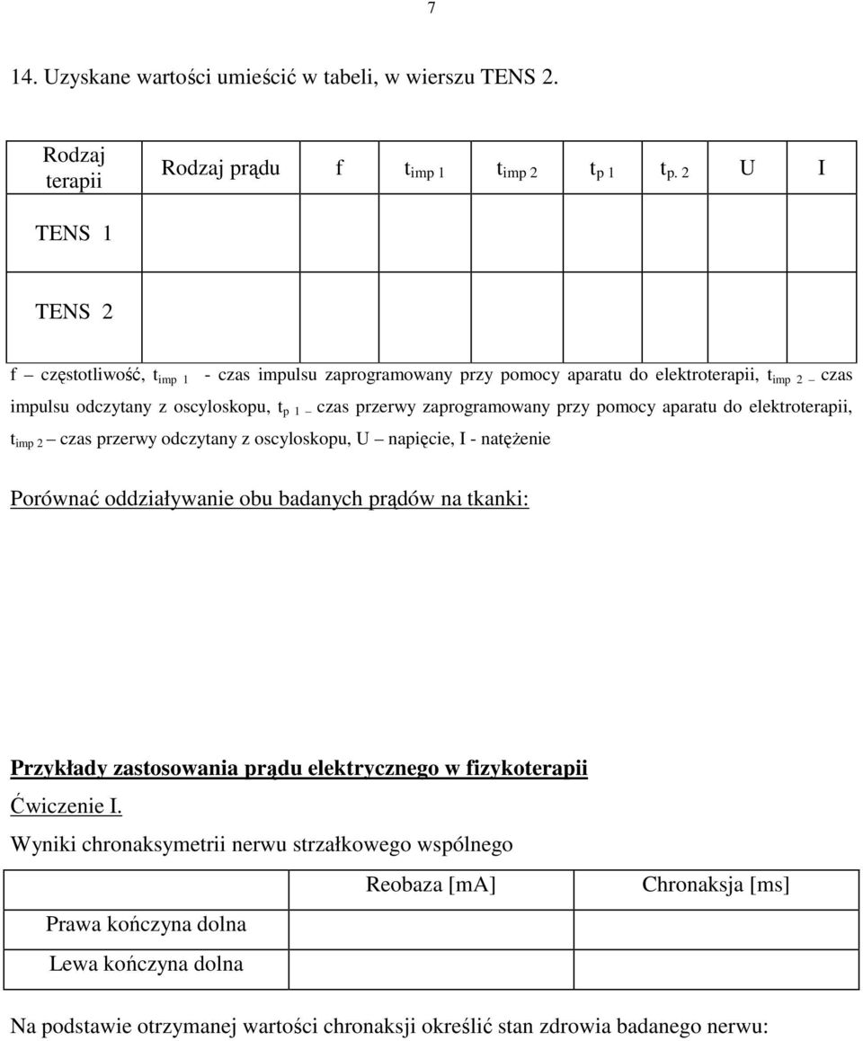 zaprogramowany przy pomocy aparatu do elektroterapii, t imp 2 czas przerwy odczytany z oscyloskopu, U napięcie, I - natęŝenie Porównać oddziaływanie obu badanych prądów na tkanki: