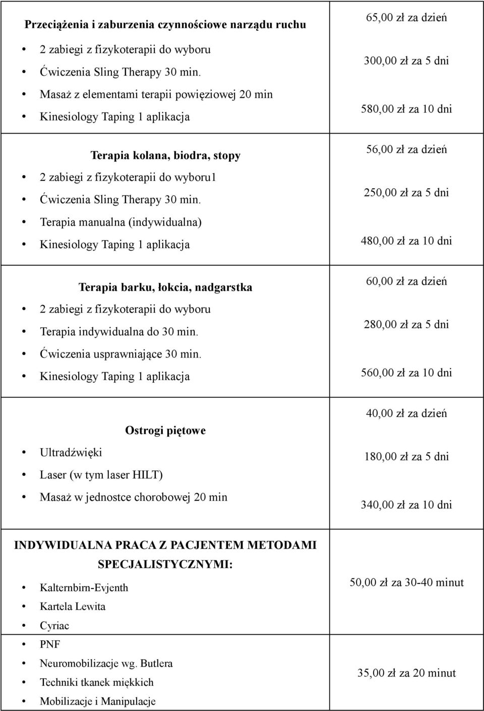 fizykoterapii do wyboru Terapia indywidualna do 30 min. Ćwiczenia usprawniające 30 min.