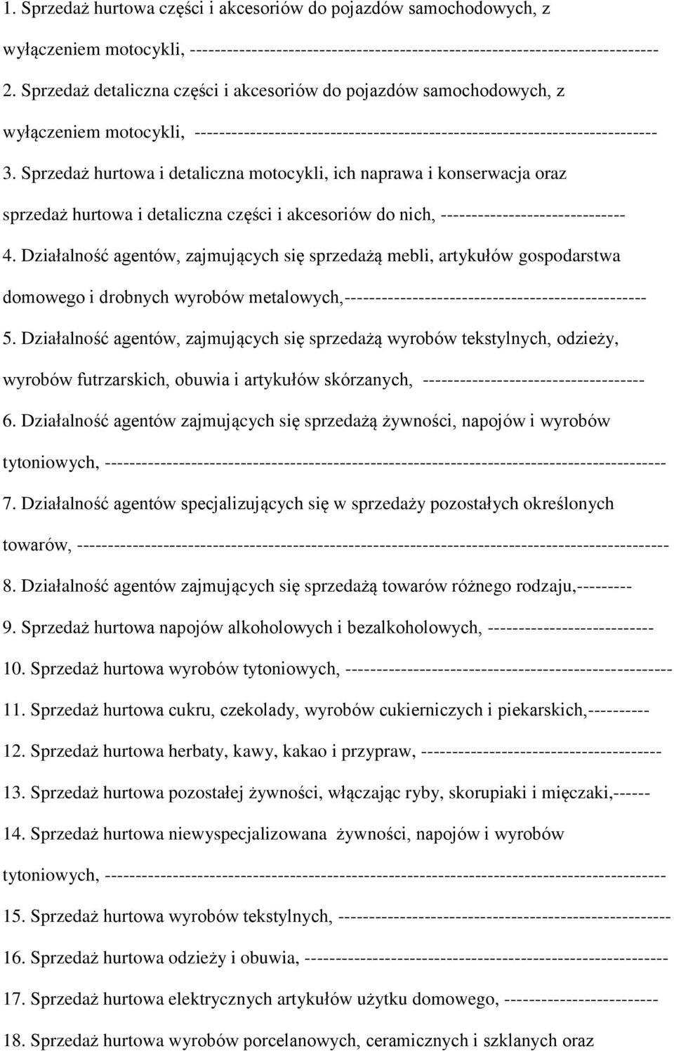 Sprzedaż hurtowa i detaliczna motocykli, ich naprawa i konserwacja oraz sprzedaż hurtowa i detaliczna części i akcesoriów do nich, ------------------------------ 4.