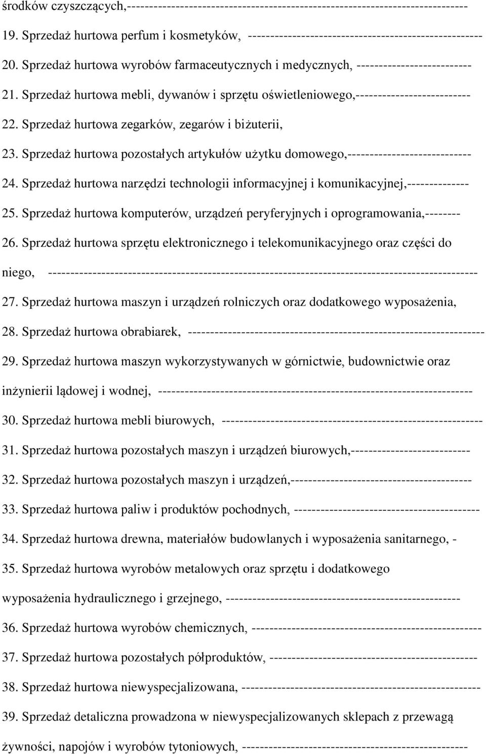 Sprzedaż hurtowa zegarków, zegarów i biżuterii, 23. Sprzedaż hurtowa pozostałych artykułów użytku domowego,---------------------------- 24.