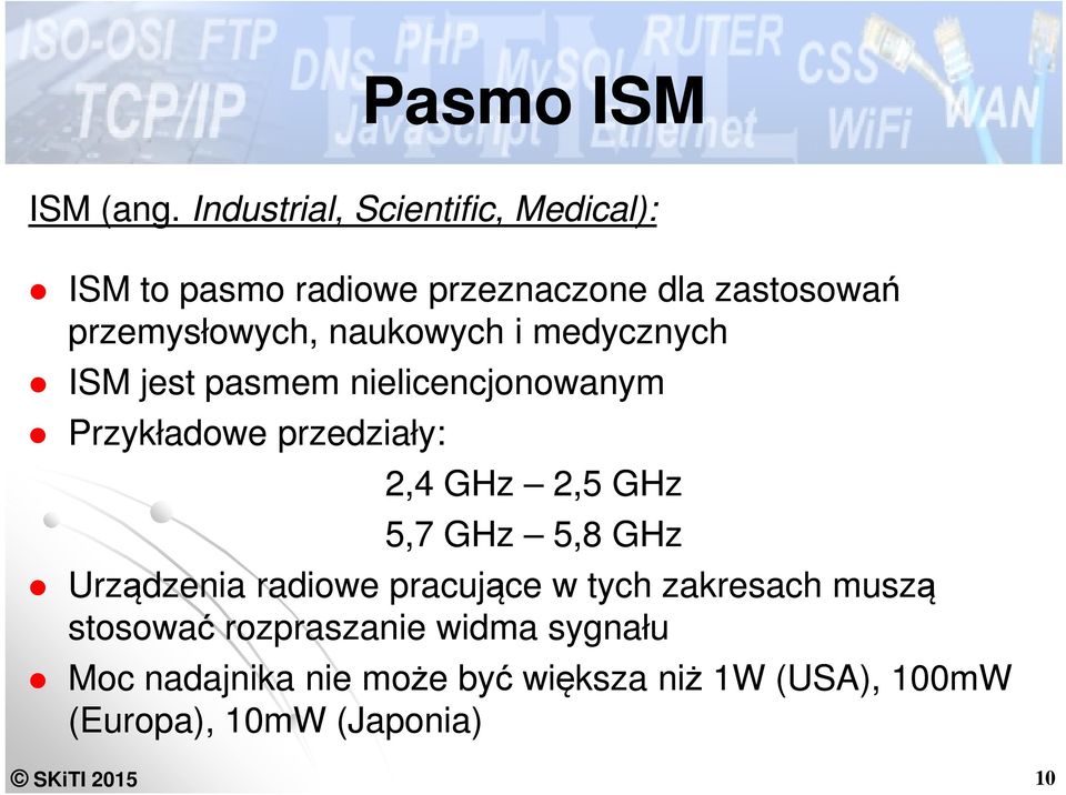 naukowych i medycznych ISM jest pasmem nielicencjonowanym Przykładowe przedziały: 2,4 GHz 2,5 GHz 5,7