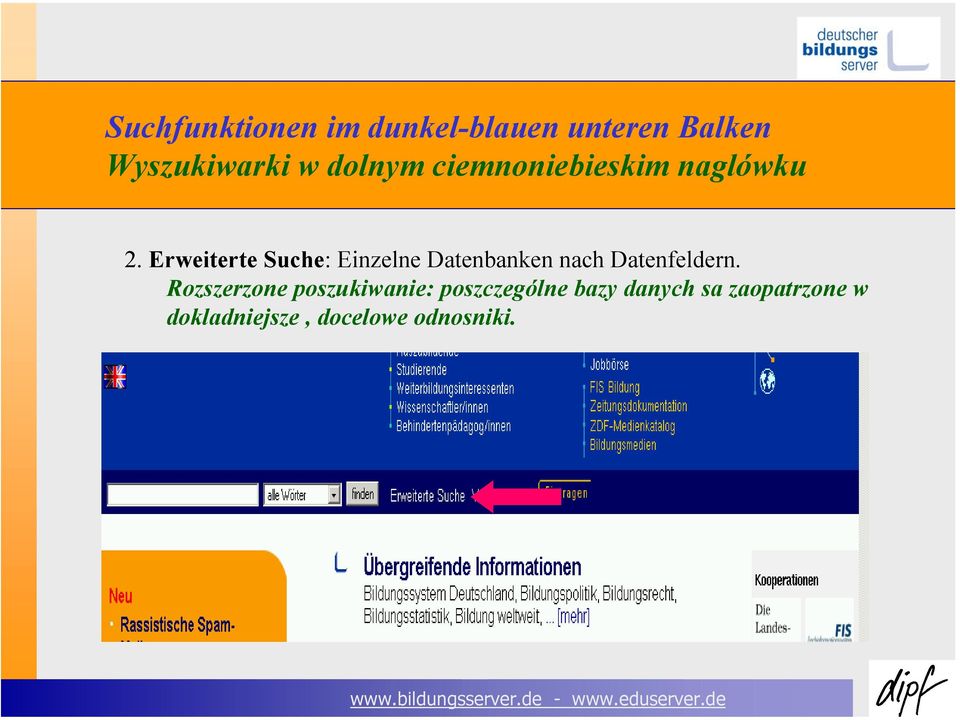 Erweiterte Suche: Einzelne Datenbanken nach Datenfeldern.