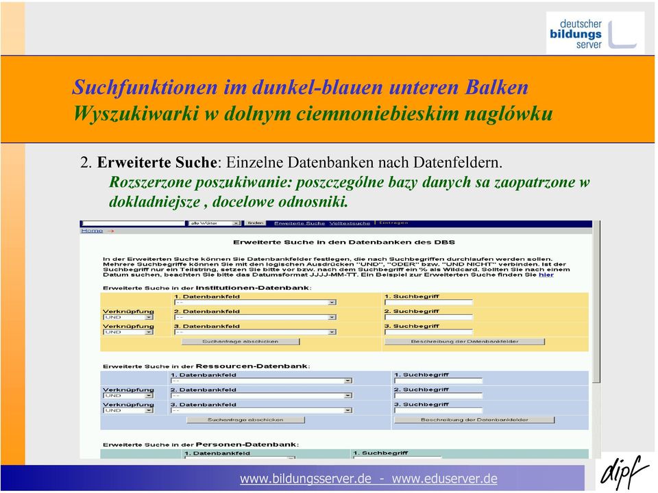 Erweiterte Suche: Einzelne Datenbanken nach Datenfeldern.
