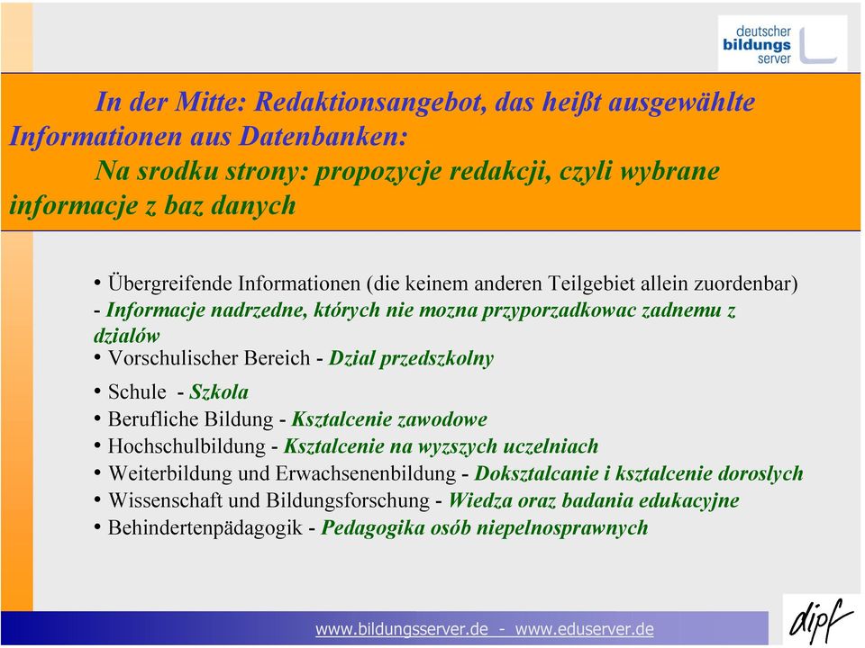 Bereich - Dzial przedszkolny Schule - Szkola Berufliche Bildung - Ksztalcenie zawodowe Hochschulbildung - Ksztalcenie na wyzszych uczelniach Weiterbildung und