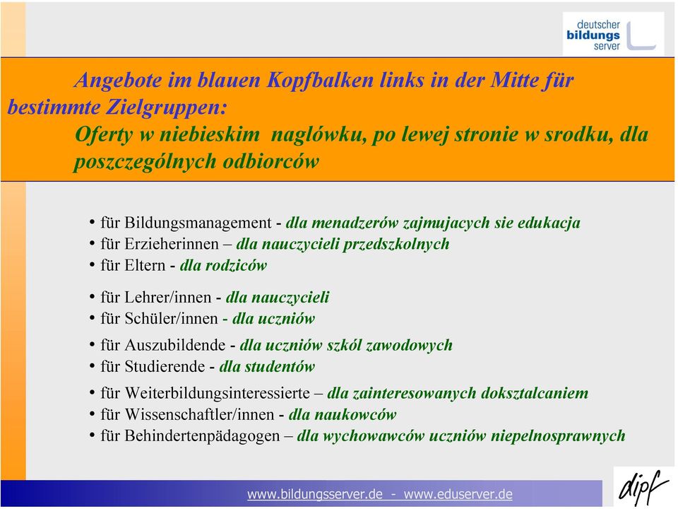 Lehrer/innen - dla nauczycieli für Schüler/innen - dla uczniów für Auszubildende - dla uczniów szkól zawodowych für Studierende - dla studentów für