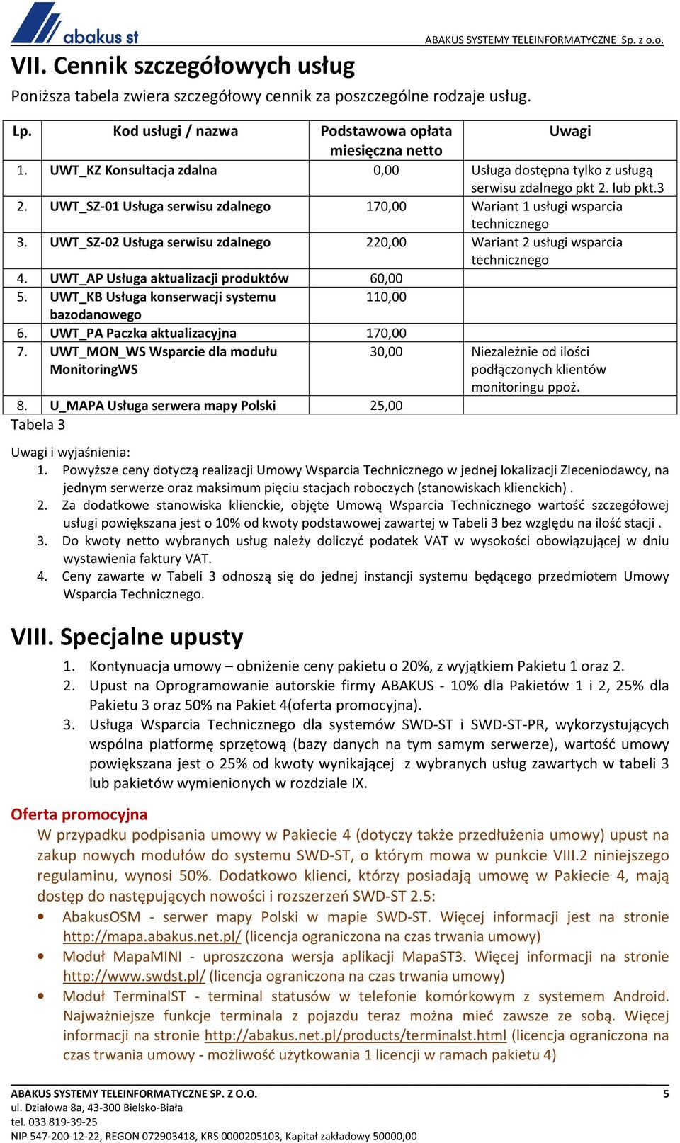 UWT_SZ-01 Usługa serwisu zdalnego 170,00 Wariant 1 usługi wsparcia technicznego 3. UWT_SZ-02 Usługa serwisu zdalnego 220,00 Wariant 2 usługi wsparcia technicznego 4.