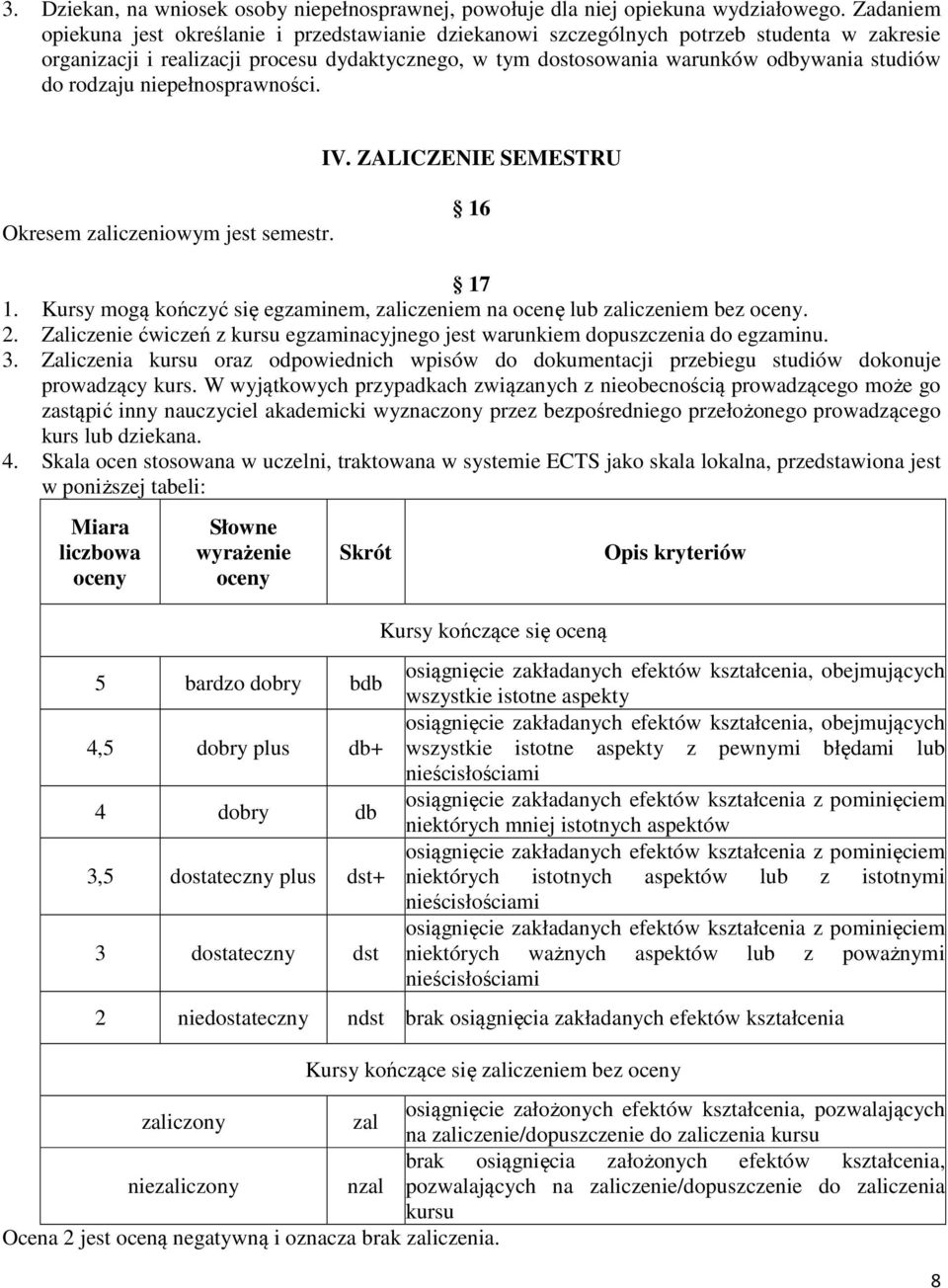 rodzaju niepełnosprawności. IV. ZALICZENIE SEMESTRU Okresem zaliczeniowym jest semestr. 16 17 1. Kursy mogą kończyć się egzaminem, zaliczeniem na ocenę lub zaliczeniem bez oceny. 2.