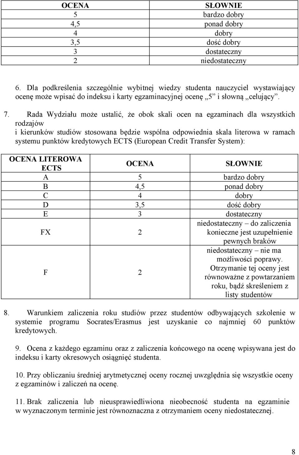 Rada Wydziału może ustalić, że obok skali ocen na egzaminach dla wszystkich rodzajów i kierunków studiów stosowana będzie wspólna odpowiednia skala literowa w ramach systemu punktów kredytowych ECTS