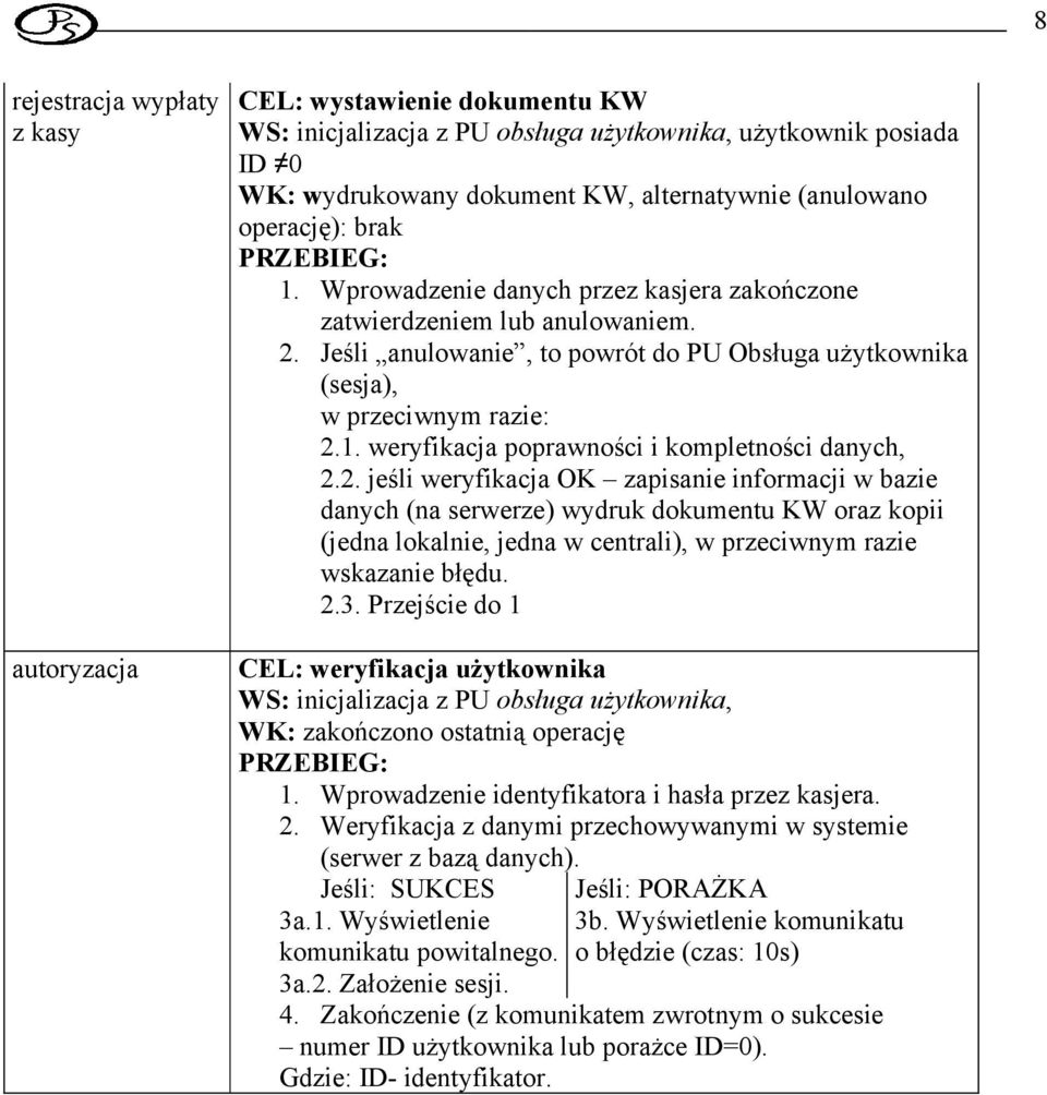 2. jeśli weryfikacja OK zapisanie informacji w bazie danych (na serwerze) wydruk dokumentu KW oraz kopii (jedna lokalnie, jedna w centrali), w przeciwnym razie wskazanie błędu. 2.3.