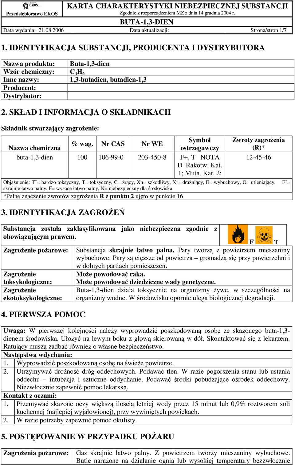 SKŁAD I INFORMACJA O SKŁADNIKACH Składnik stwarzający zagroŝenie: Symbol % wag. Nr CAS Nr WE Nazwa chemiczna ostrzegawczy buta-1,3-dien 100 106-99-0 203-450-8 F+, T NOTA D Rakotw. Kat.