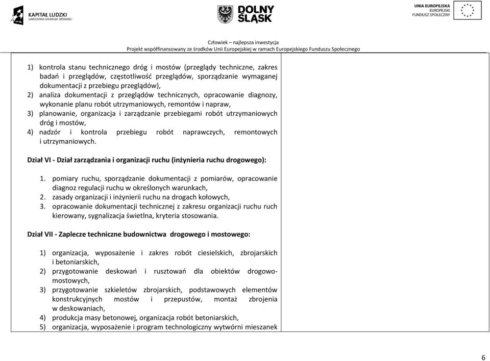 mostów, 4) nadzór i kontrola przebiegu robót naprawczych, remontowych i utrzymaniowych. Dział VI - Dział zarządzania i organizacji ruchu (inżynieria ruchu drogowego): 1.