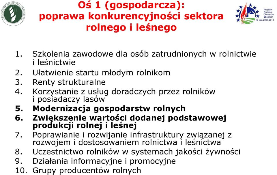 Modernizacja gospodarstw rolnych 6. Zwiększenie wartości dodanej podstawowej produkcji rolnej i leśnej 7.