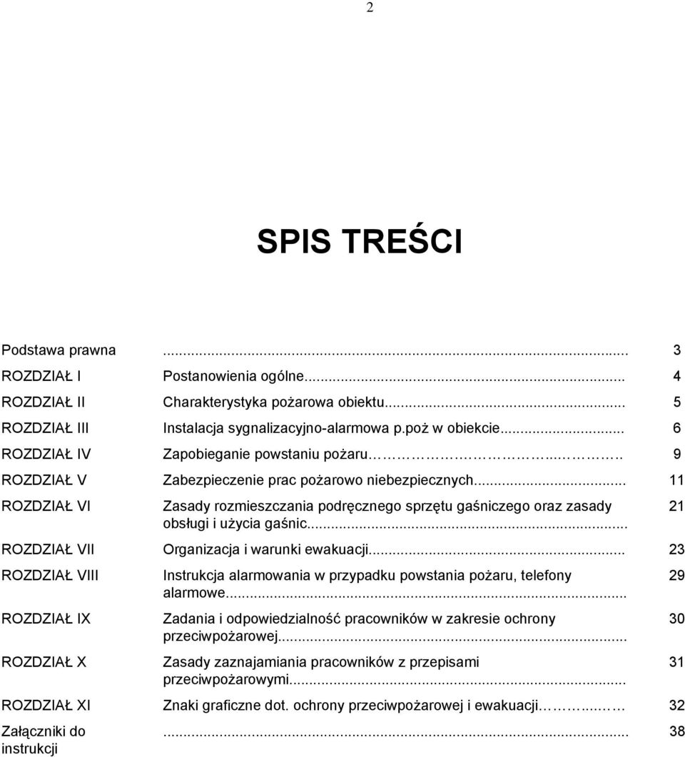 .. 11 ROZDZIAŁ VI Zasady rozmieszczania podręcznego sprzętu gaśniczego oraz zasady obsługi i użycia gaśnic... ROZDZIAŁ VII Organizacja i warunki ewakuacji.