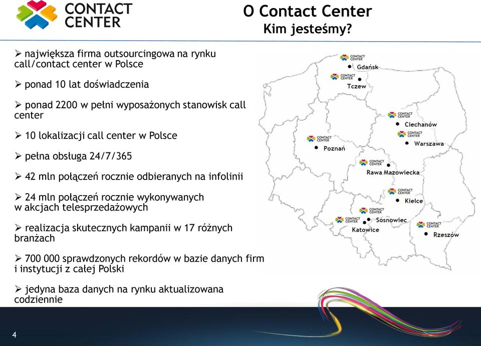 stanowisk call center 10 lokalizacji call center w Polsce pełna obsługa 24/7/365 42 mln połączeń rocznie odbieranych na infolinii 24