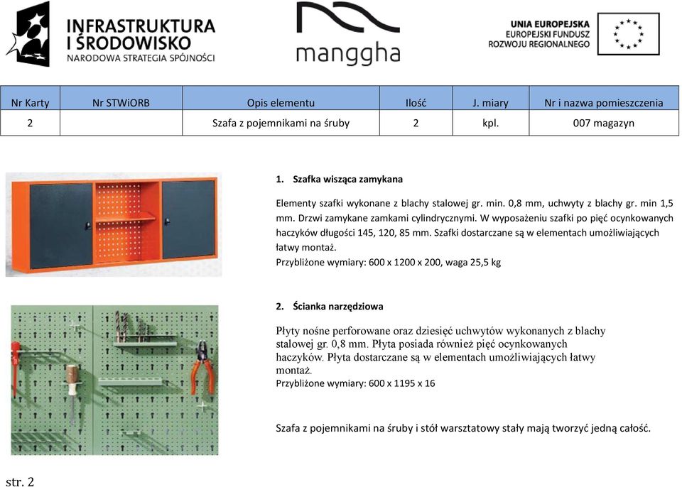 Przybliżone wymiary: 600 x 1200 x 200, waga 25,5 kg 2. Ścianka narzędziowa Płyty nośne perforowane oraz dziesięć uchwytów wykonanych z blachy stalowej gr. 0,8 mm.