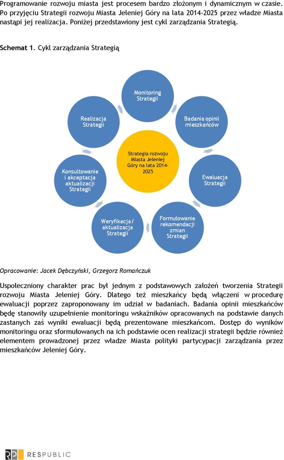 Cykl zarządzania Strategią Strategia rozwoju Miasta Jeleniej Góry na lata 2014-2025 Opracowanie: Jacek Dębczyński, Grzegorz Romańczuk Uspołeczniony charakter prac był jednym z podstawowych załoŝeń